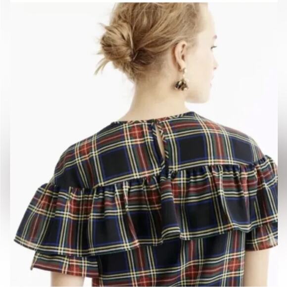 J Crew Edie Stewart Plaid Ruffle Top Black Red Green SIZE 2 Blouse Tartan Top - Picture 2 of 14